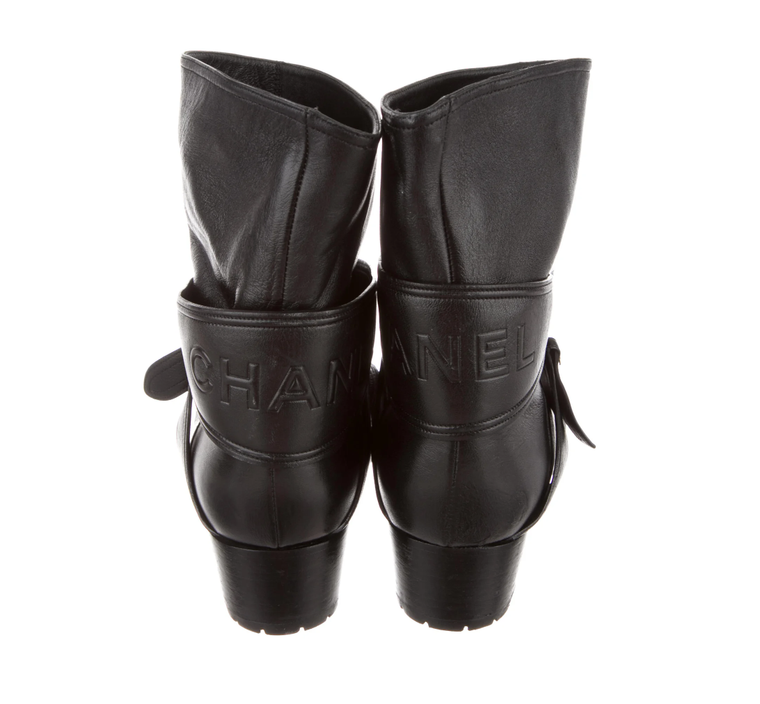 CHANEL LETTER LOGO HARNESS BLACK LEATHER BOOTS 40.5 / 10.5