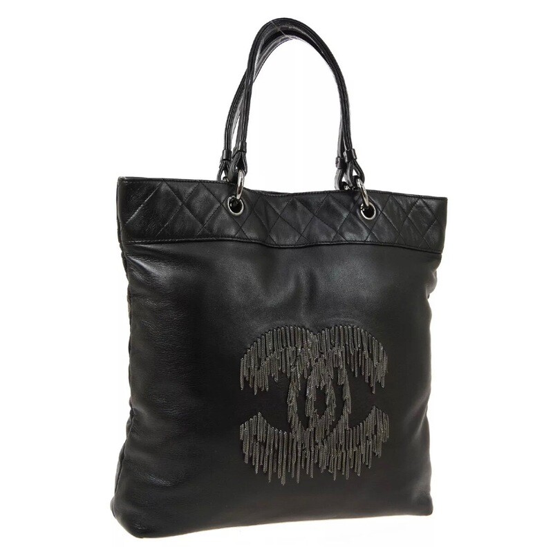 CHANEL CC CHAIN FRINGE BLACK LAMBSKIN TOTE BAG