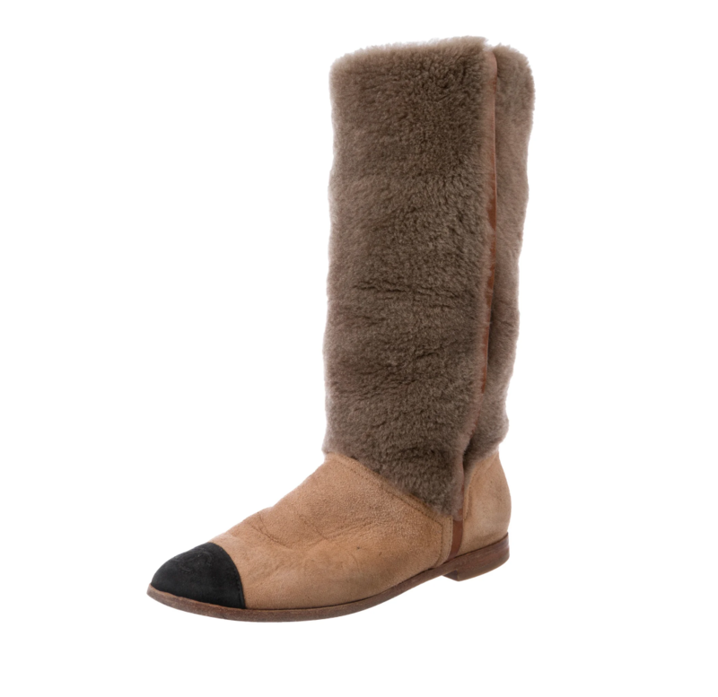 CHANEL CC CAP TOE BROWN SUEDE LEATHER FAUX FUR BOOTS 37 / 7
