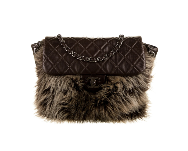 CHANEL FANTASY FUR BROWN LEATHER FLAP XL SHOULDER BAG