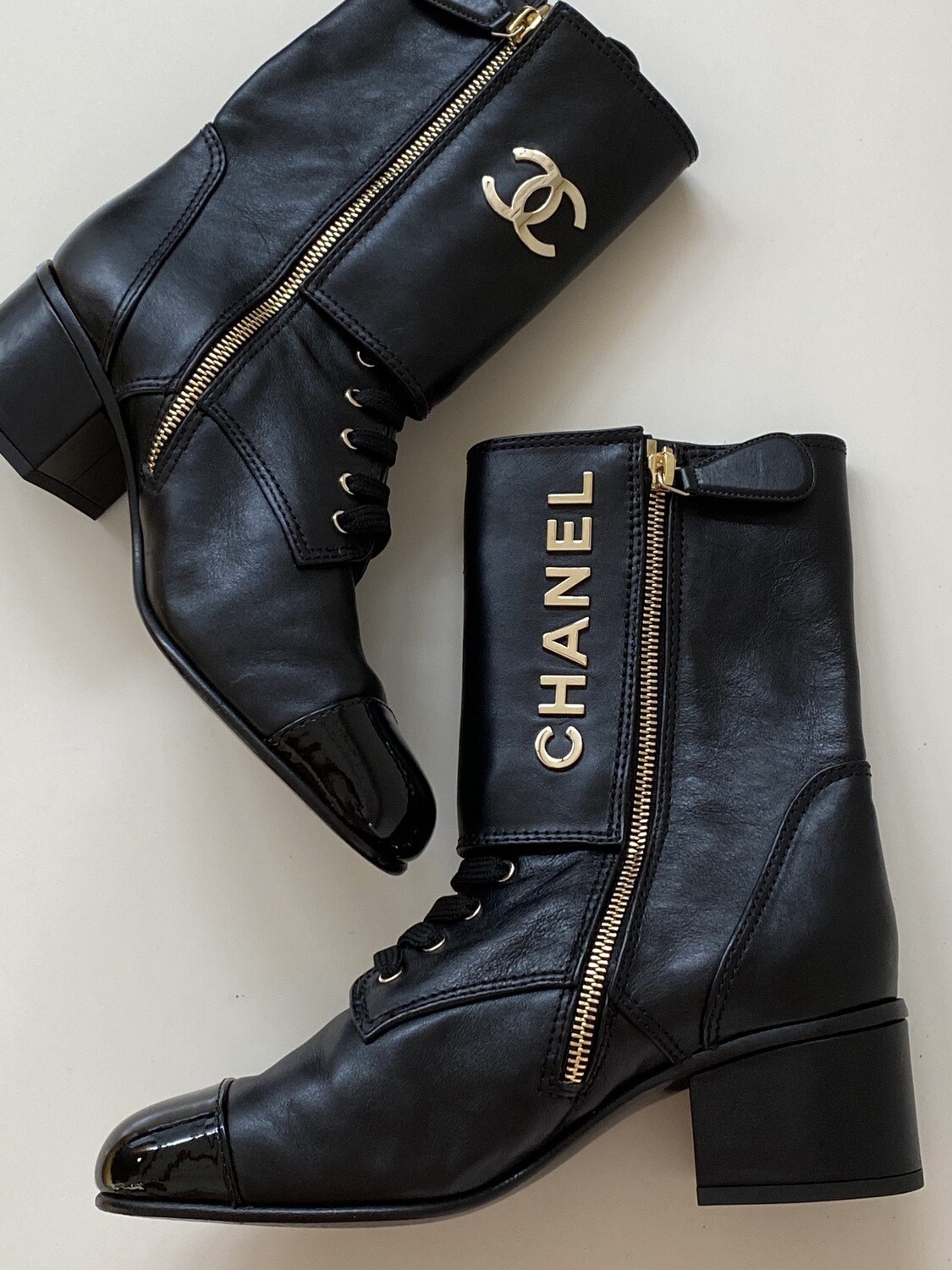 CHANEL CC LETTER BLACK LEATHER LACE UP COMBAT MOTORCYCLE BOOTS 39 / 9