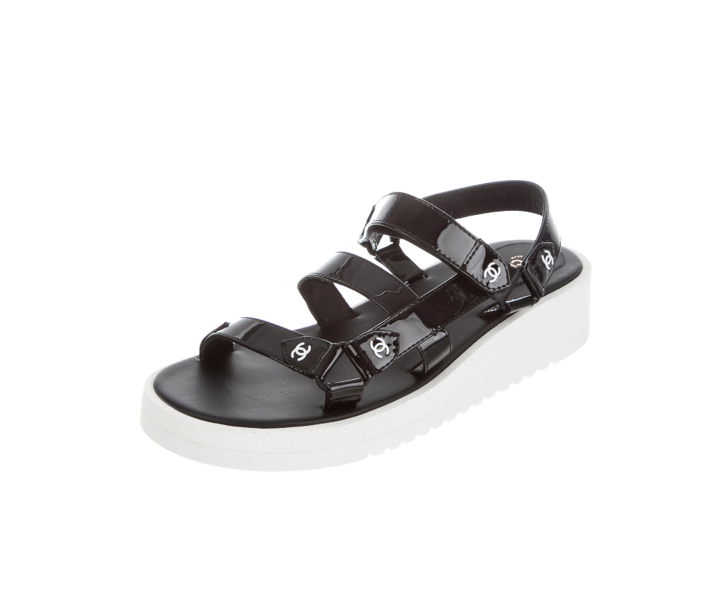 CHANEL CC DAD VELCRO BLACK WHITE PATENT LEATHER SANDALS 41 / 10