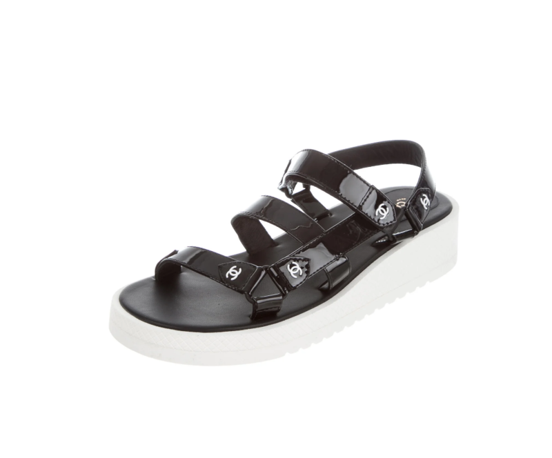 CHANEL CC DAD VELCRO BLACK WHITE PATENT LEATHER SANDALS 41 / 10