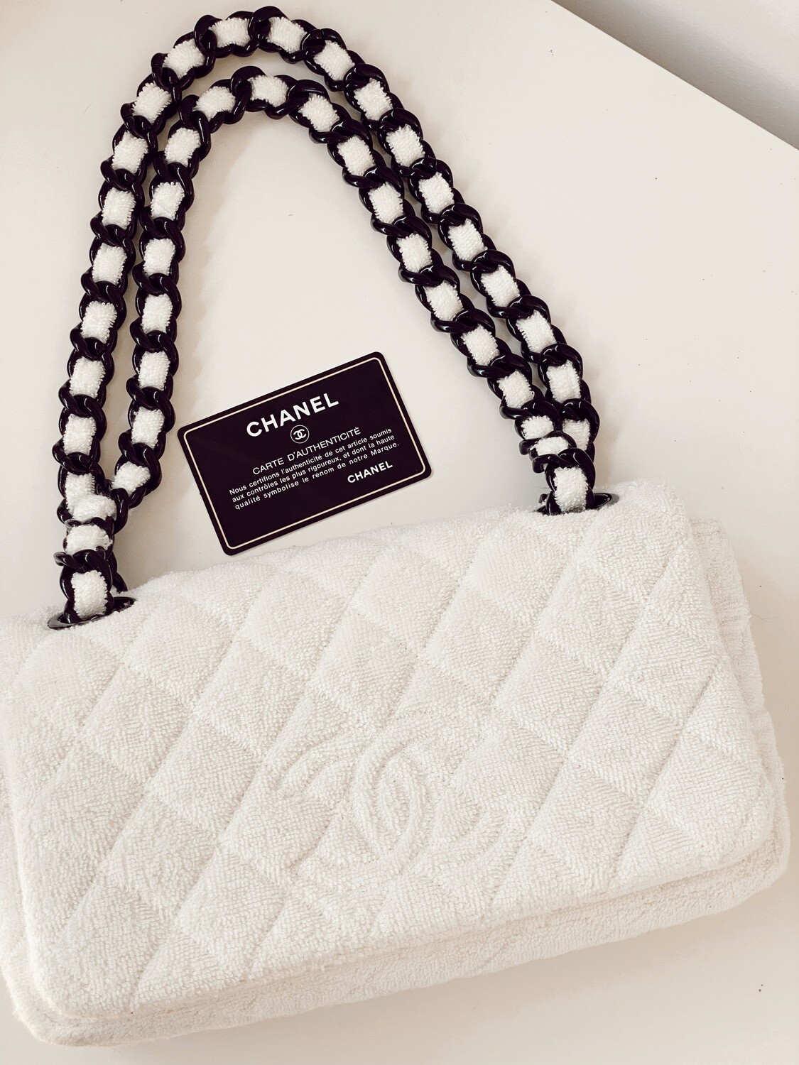 CHANEL CC QUILTED LOGO WHITE TERRY CLOTH CLASSIC FLAP SHOULDER BAG