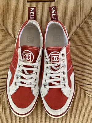 CHANEL CC LOGO RED SNEAKERS WITH WEBBING 38.5 / 7.5