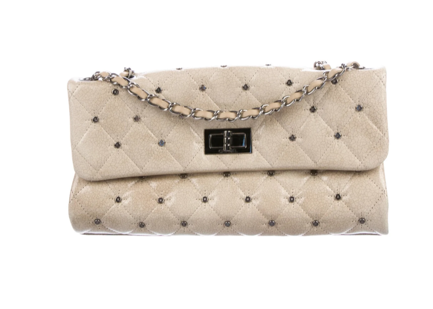 VINTAGE CHANEL CC STUDS REISSUE BEIGE PATENT LEATHER FLAP BAG