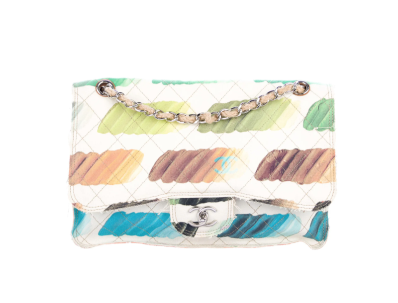CHANEL CC WATERCOLOR COLORAMA RAINBOW QUILTED PRINT CLASSIC JUMBO DOUBLE CHAIN FLAP BAG