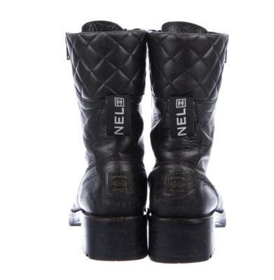 CHANEL LOGO WEBBING BLACK LEATHER LACE UP COMBAT BOOTS IT 37 / 6.5 - 7