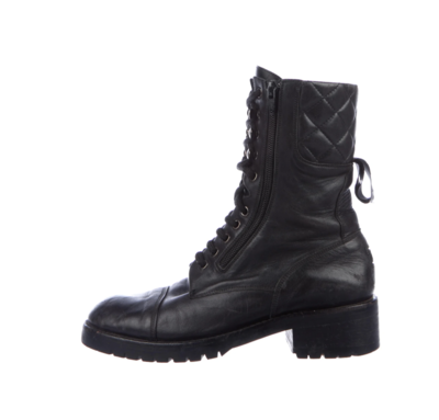 CHANEL LOGO WEBBING BLACK LEATHER LACE UP COMBAT BOOTS IT 37 / 6.5 - 7