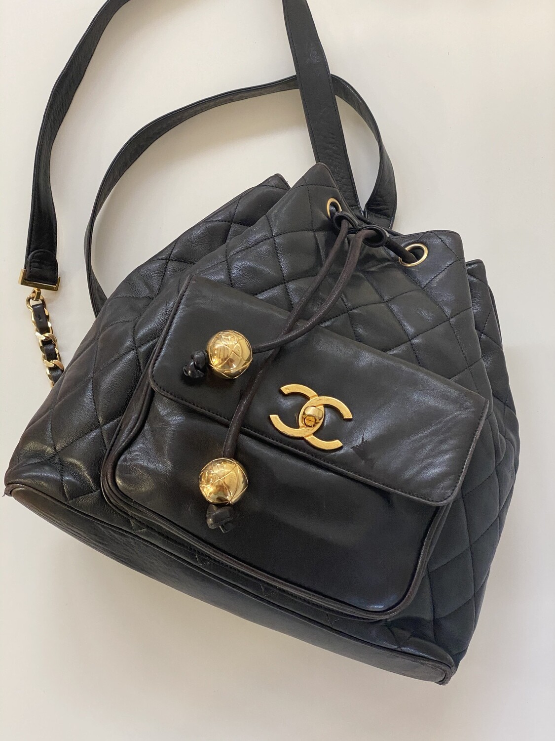 CHANEL VINTAGE CC TURNLOCK QUILTED BLACK LEATHER CHAIN BACKPACK
