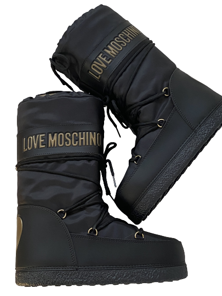 MOSCHINO MOON BOOTS BLACK SKI SNOW BOOTS IN BLACK / GOLD IT 38 - 40 / US 8  - 10