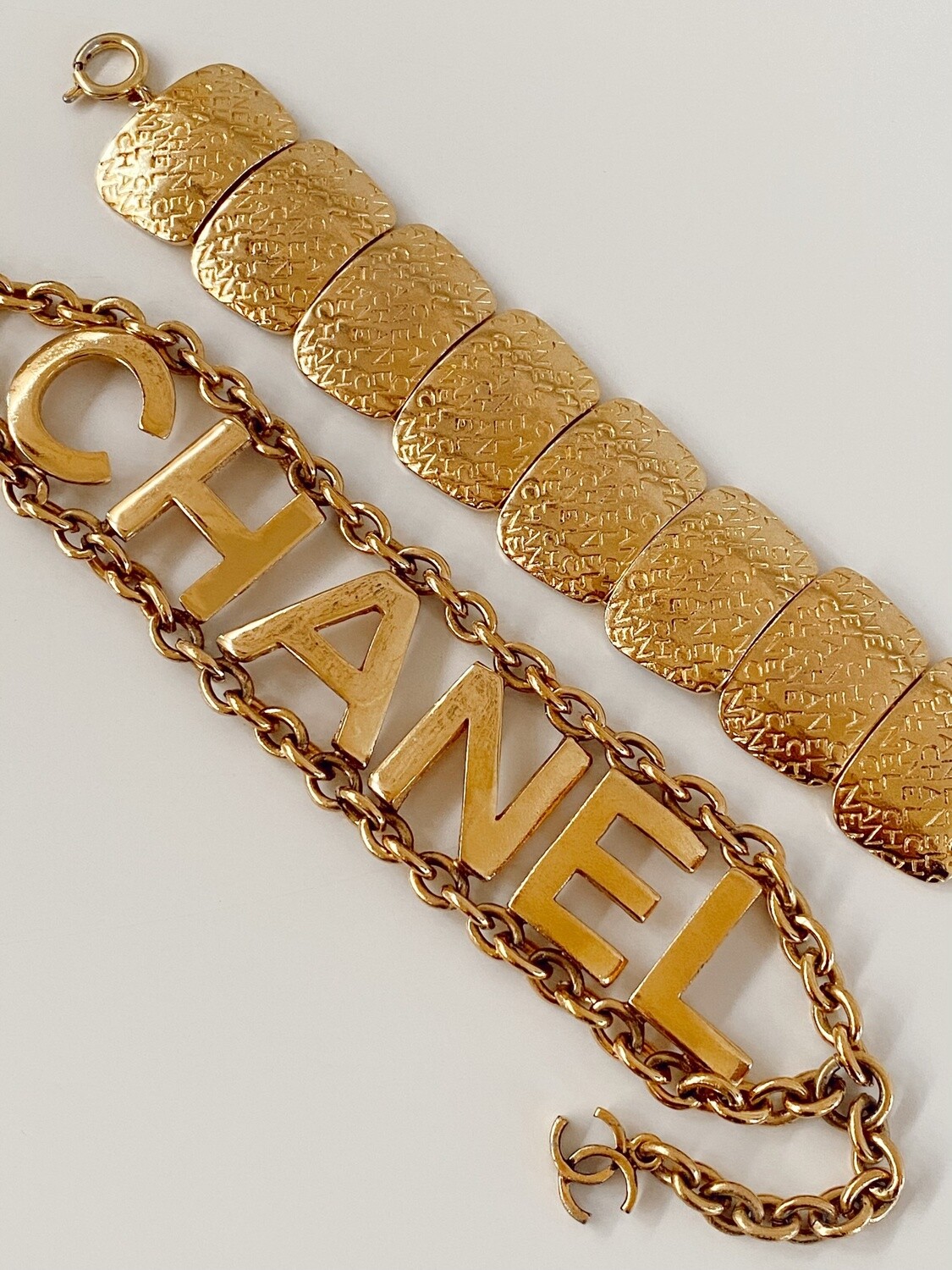 Vintage 90's CHANEL LOGO LETTERS Gold Plated Charm Bracelet Bangle Cuff Jewelry