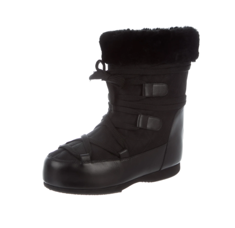 CHANEL CC LOGO BLACK LACE UP SNOW WINTER BOOTS WITH FUR TRIM IT 39 / US 8