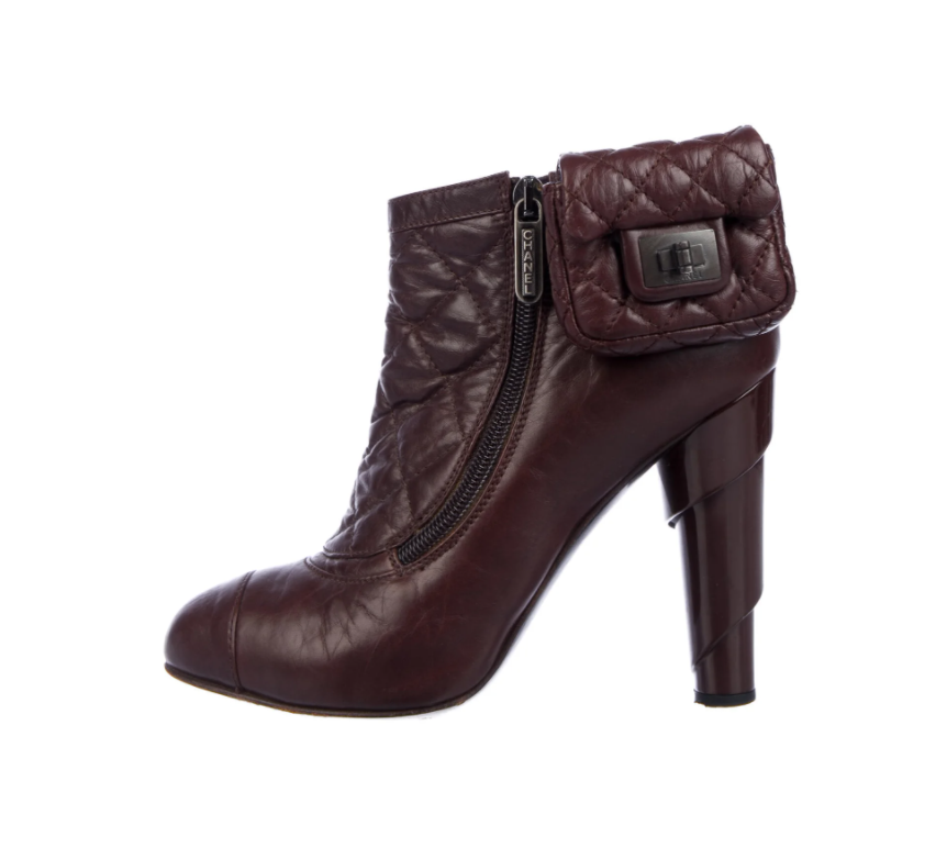 Vintage CHANEL Burgundy Quilted Leather Boots Booties with Mini 2.55 Reissue  Bag Sz 38 us 7.5 - 8