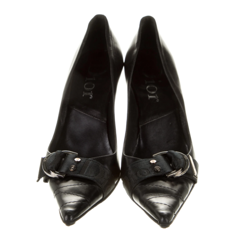 CHRISTIAN DIOR LOGO WEBBING BLACK LEATHER PUMPS HEELS - IT 38 / US 7.5