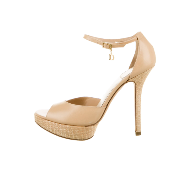CHRISTIAN DIOR D CHARM RAFFIA STRAW / BEIGE LEATHER PLATFORM HEELS - IT 38.5 / US 8