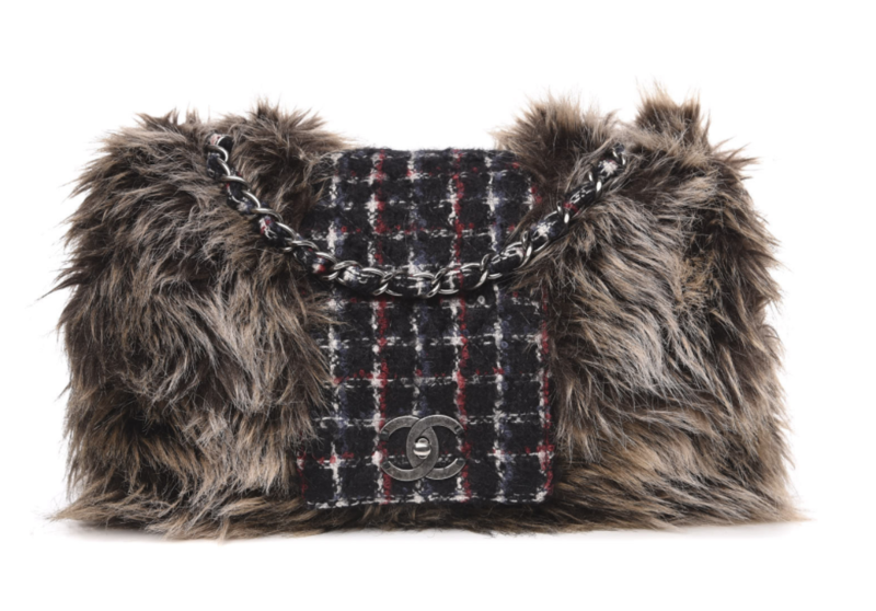 CHANEL CC TURN-LOCK LARGE FLAP RED BLUE TWEED / FANTASY FUR BAG