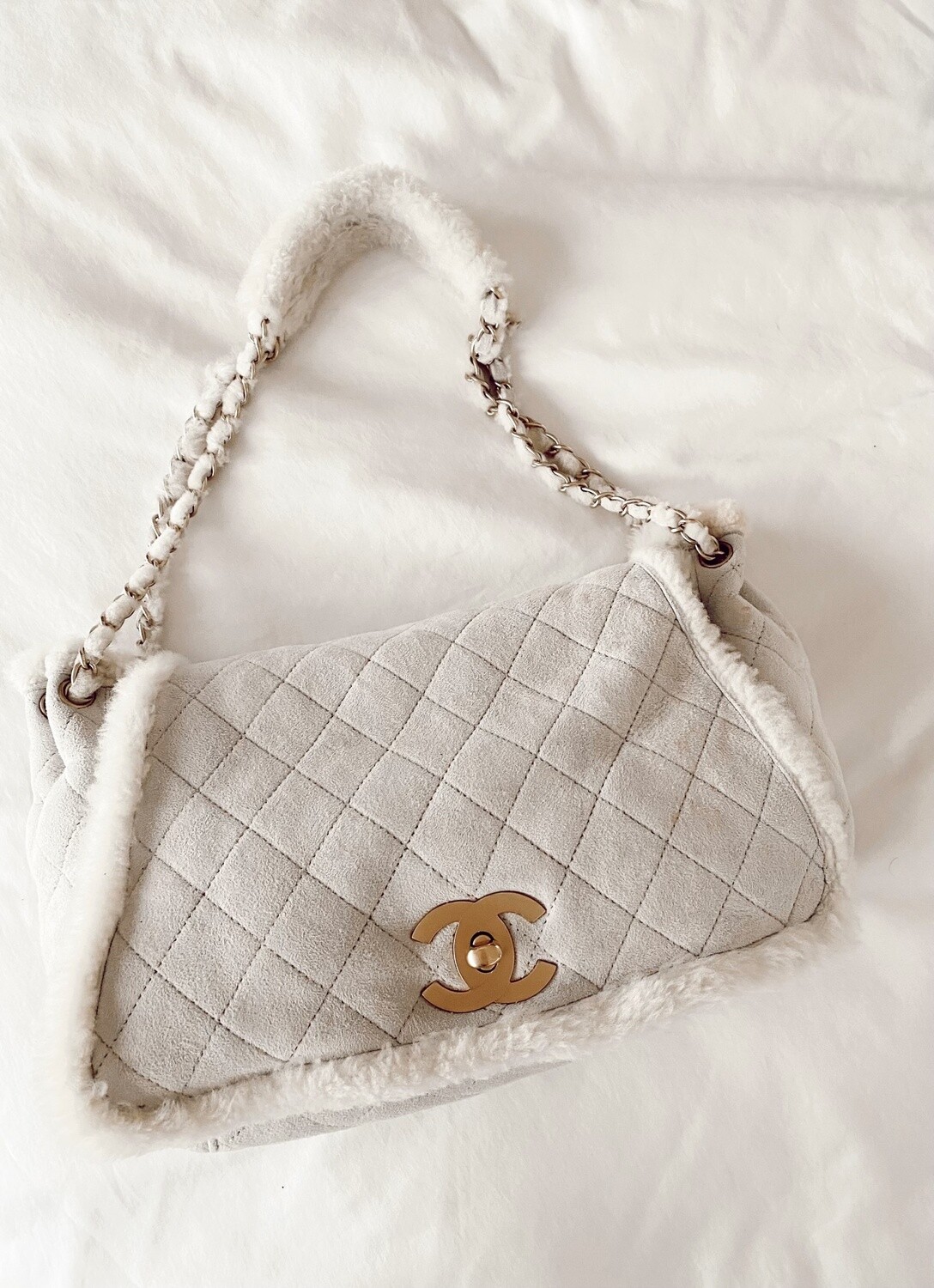 Chanel Shearling Pearl Flap Bag  Neutrals Shoulder Bags Handbags   CHA445114  The RealReal