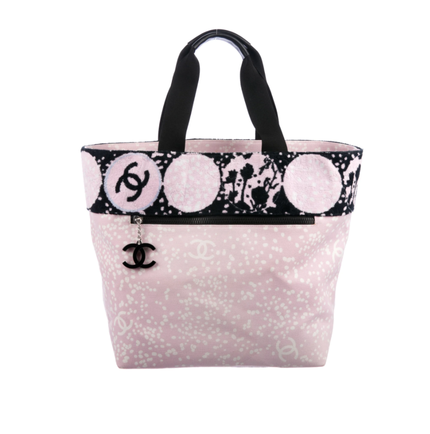 CHANEL LARGE PINK BLACK TERRY CLOTH CC LOGO BEACH SPORT TOTE