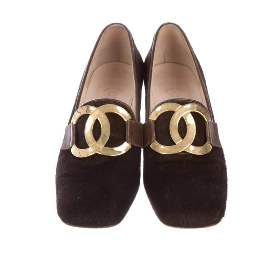 CHANEL VINTAGE HUGE CC BROWN PONY HAIR LOAFERS
