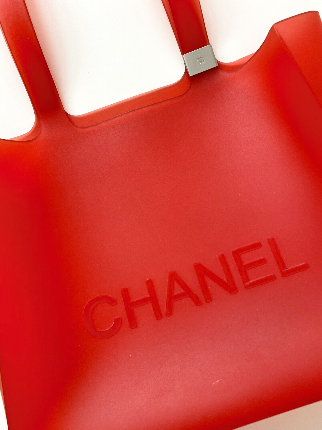 VINTAGE CHANEL LETTER RED JELLY RUBBER TOTE BAG