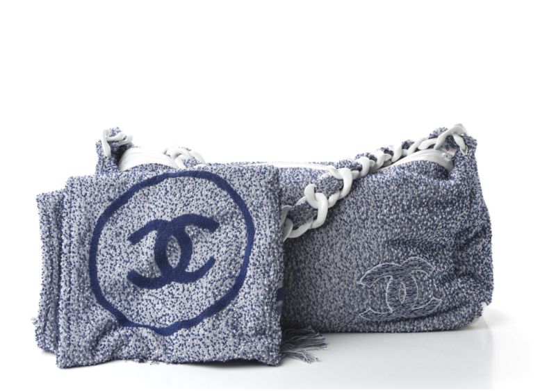 CHANEL CC TERRY CLOTH LARGE BEACH BAG TOTE WITH MATCHING TOWEL