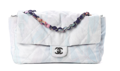 CHANEL CC PRINTED PASTEL FABRIC QUILTED JUMBO FLAP SHOULDER BAG