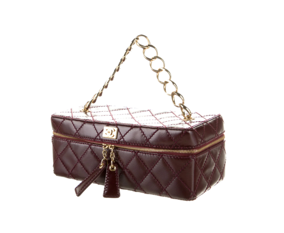 CHANEL VINTAGE BURGUNDY QUILTED LEATHER GOLD CHAIN HANDLE VANITY BAG