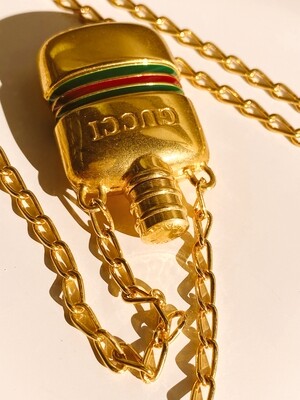 GUCCI VINTAGE LOGO PARFUM BOTTLE PENDANT NECKLACE RED GREEN ENAMEL WITH GOLD CHAIN