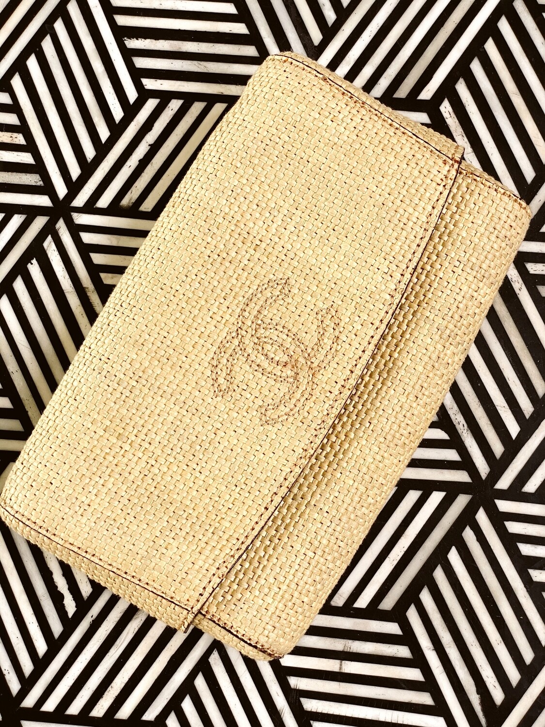 VINTAGE CHANEL CC EMBROIDERED STRAW 2 PC CLUTCH