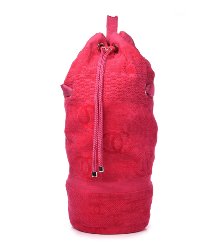 CHANEL CC LOGOS 2 PIECE SET - PINK TERRY CLOTH XL BACKPACK WITH BEACH TOWEL