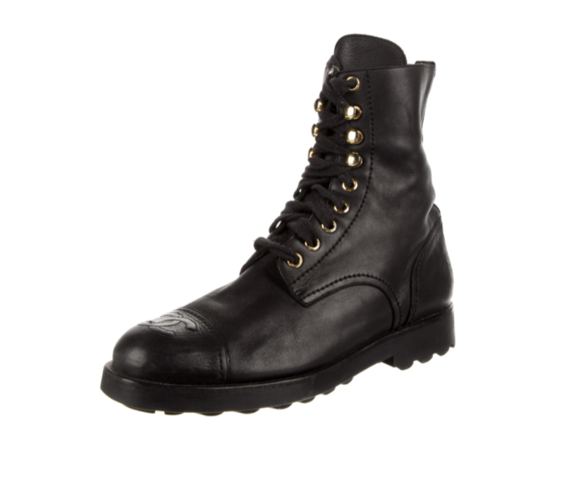 CHANEL VINTAGE 1993 CC LOGO BLACK LEATHER LACE UP MOTORCYCLE COMBAT BOOTS IT 37 / US 6