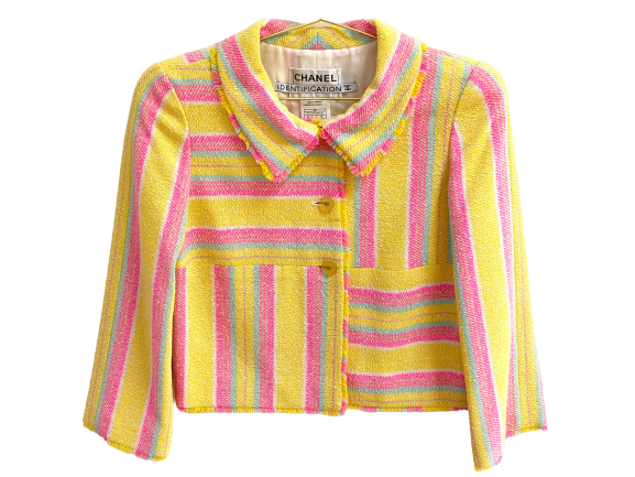 CHANEL TWEED YELLOW PINK BLUE BLAZER JACKET FR 38