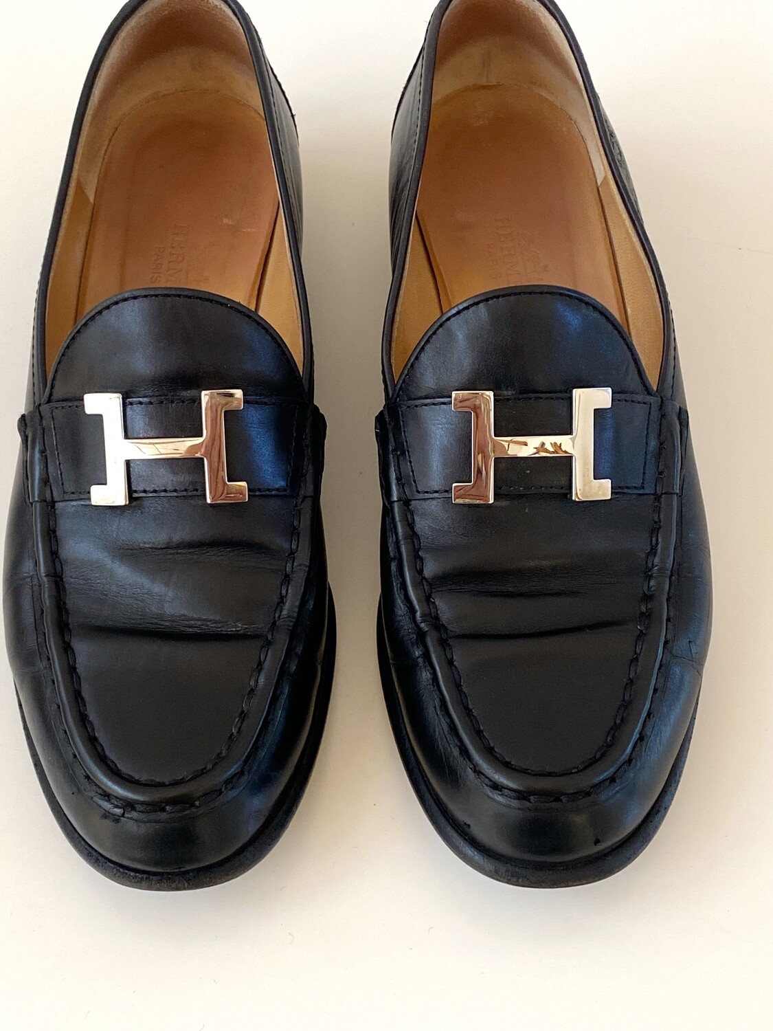 HERMES H LOGO SILVER BLACK LEATHER LOAFERS IT 38.5 / US 8 - 8.5