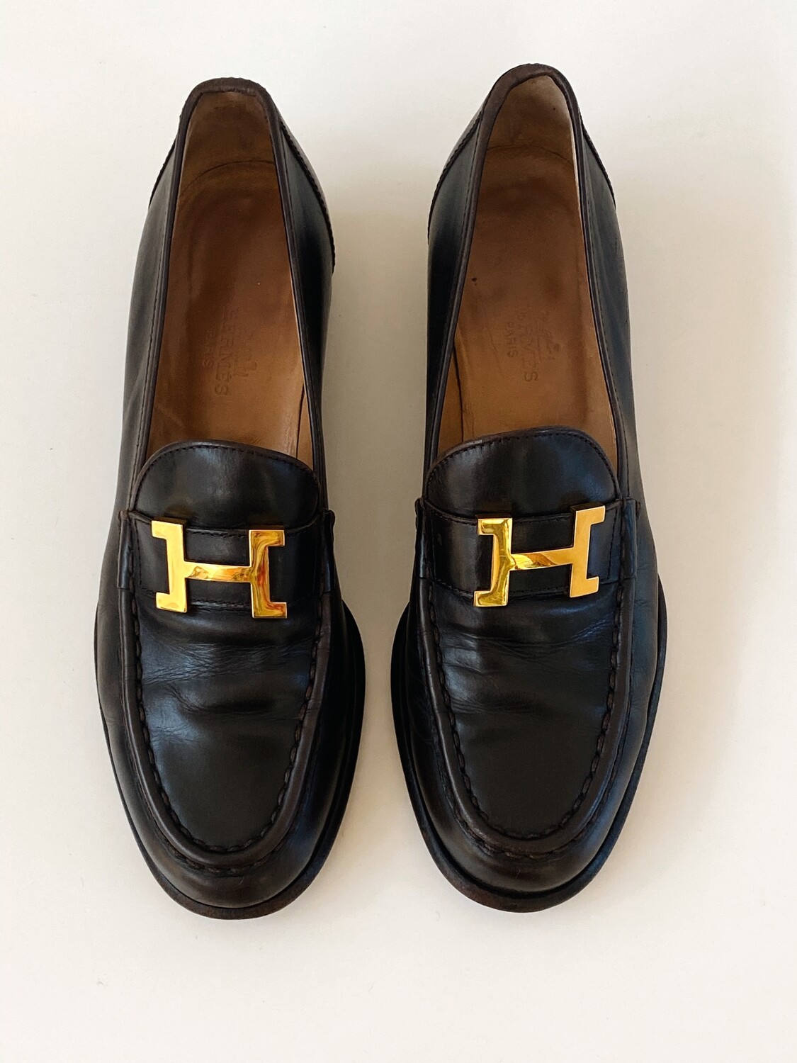 HERMES H LOGO GOLD BROWN LEATHER LOAFERS IT 38 / US 7.5 - 8