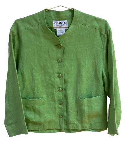 CHANEL 96P CC BUTTONS GREEN LINEN BLAZER JACKET FR 38