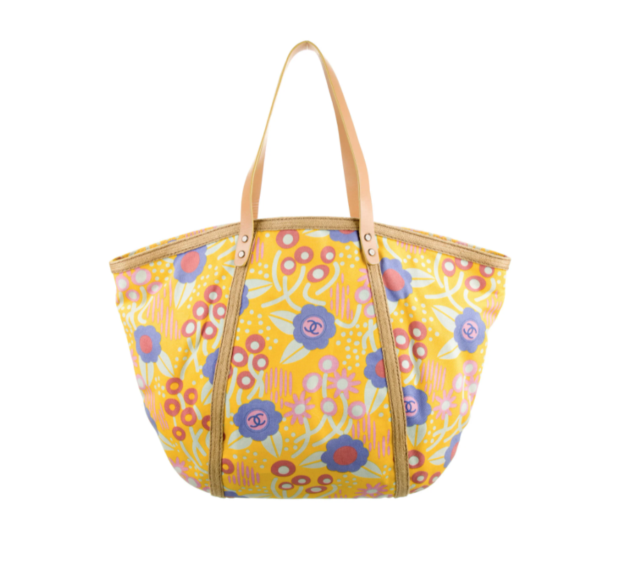 CHANEL CC FLORAL PRINT STRAW CANVAS X-LARGE BEACH TOTE BAG