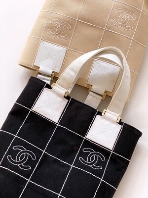 CHANEL VINTAGE CC BLACK CANVAS EMBROIDERED TOTE BAG