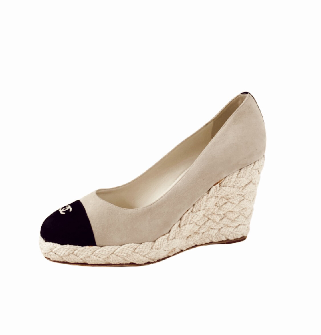 CHANEL CC LOGO CAP TOE SUEDE BEIGE BLACK ESPADRILLE WEDGED IT 39.5 / US 8.5 - 9