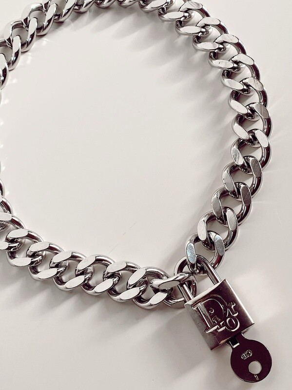 CHRISTIAN DIOR VINTAGE THICK SILVER CHAIN MONOGRAM LOGO PADLOCK NECKLACE
