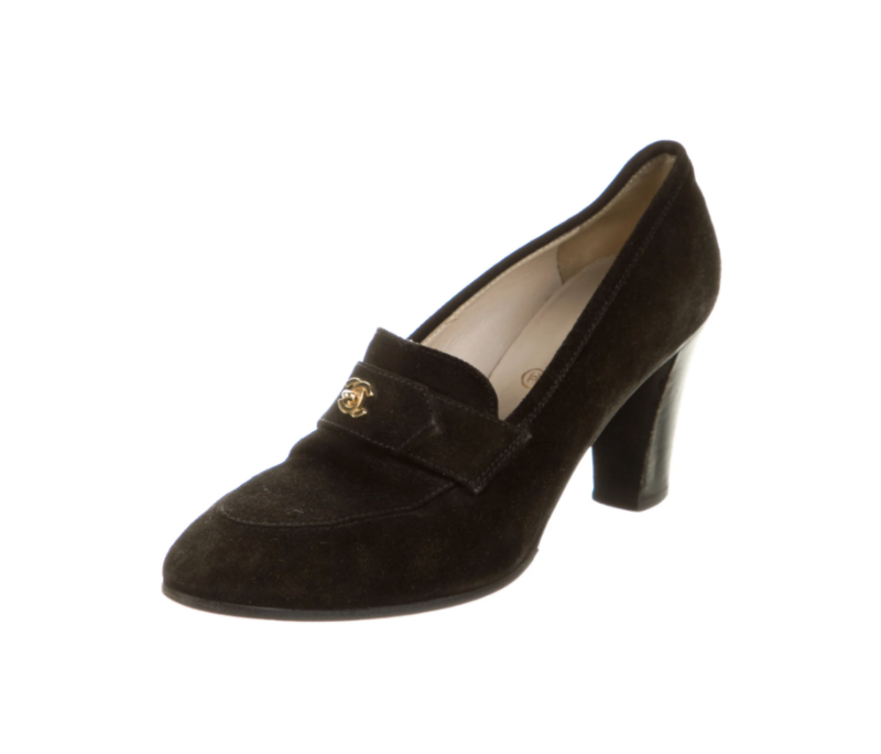 CHANEL VINTAGE CC TURNLOCK BROWN SUEDE LOAFERS HEELS IT 39 / US 8 - 8.5