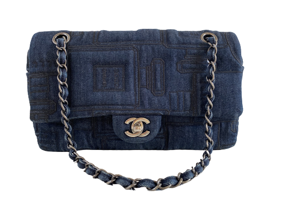 CHANEL CC PARFUM EMBROIDERED DOUBLE CHAIN DENIM MEDIUM FLAP