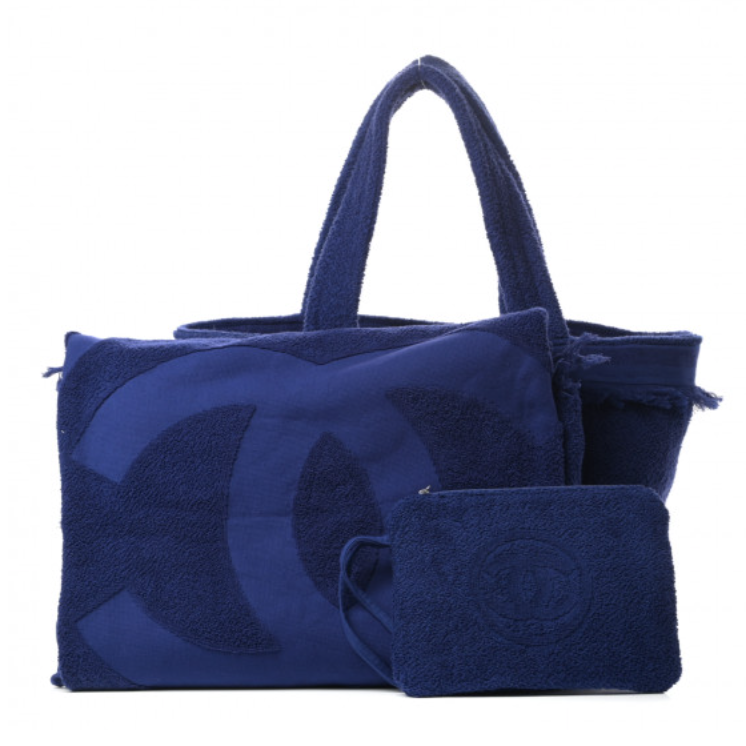 CHANEL CC TERRY CLOTH NAVY BEACH TOTE WITH LOGO TOWEL AND POUCH