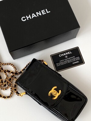 CHANEL CC LOGO TURNLOCK VINTAGE BLACK PATENT LEATHER MINI SHOULDER BAG WITH CARD AND BOX