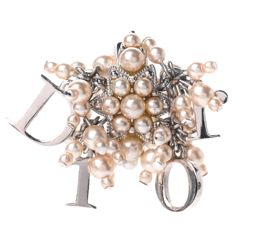 CHRISTIAN DIOR LETTER LOGO AND PEARL BEAD RING