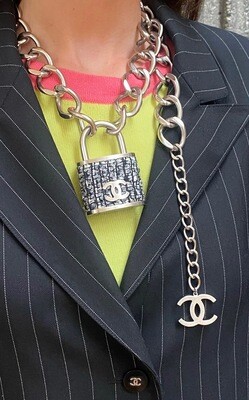 CHANEL CC LOGO TWEED PADLOCK LOCK THICK CHAIN NECKLACE SILVER FINISH