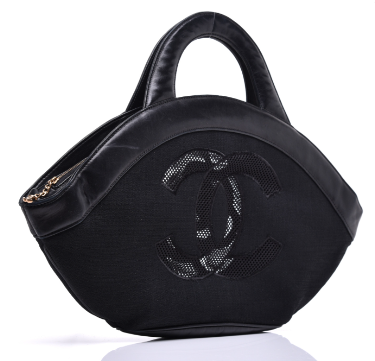 CHANEL CC CAMELLIA FLOWER BLACK LEATHER MESH HANDBAG TOTE