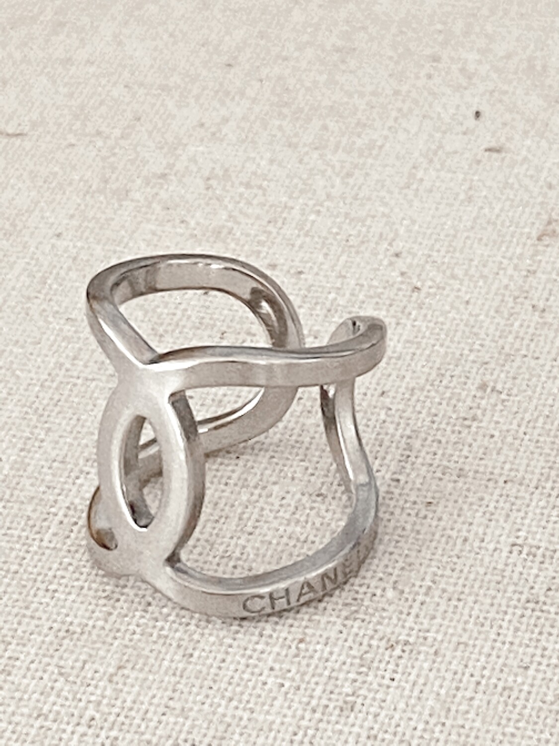 CHANEL LETTERS LARGE CC LOGO SILVER COCKTAIL RING