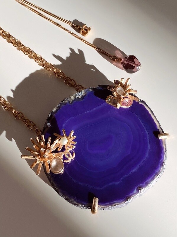 CHANEL CC PURPLE AGATE STONE GOLD CHAIN PENDANT NECKLACE