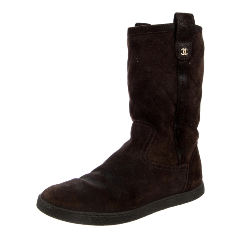 CHANEL CC BROWN QUILTED SUEDE LEATHER AND SHEARLING BOOTS IT 38